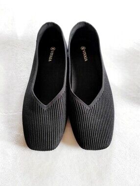 VIVAIA Margot 2.0 Black Knit Square Toe Ballet Flats V-Cut Shoes Size 9.5